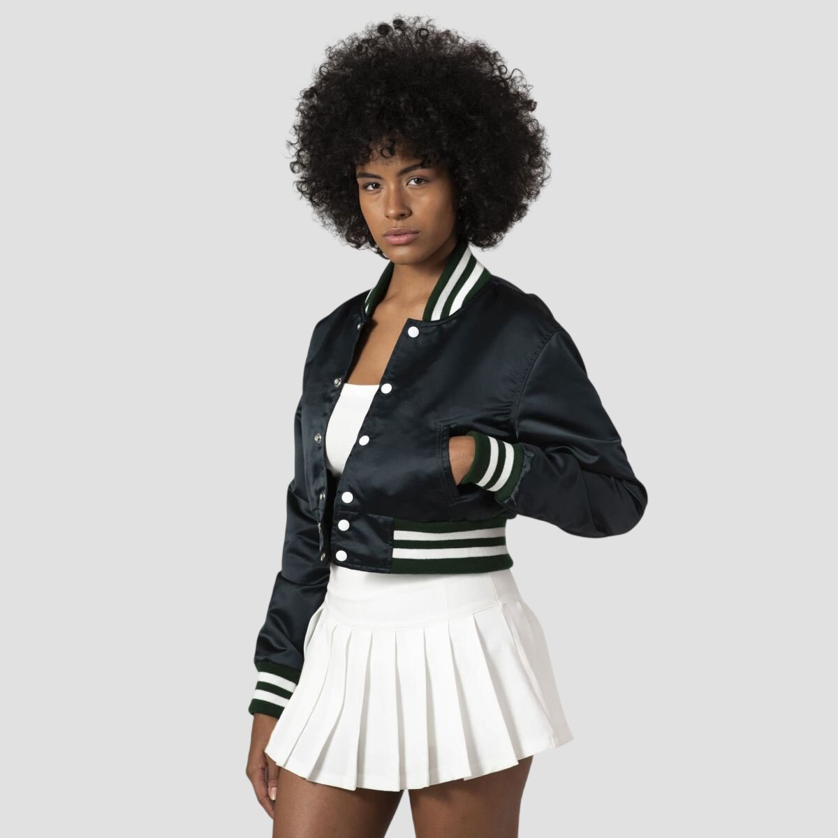 Women Black and Green Satin Crop Top Varsity Jacket
