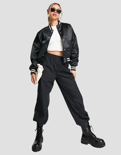 Women Classic Black Satin Varsity Jacket