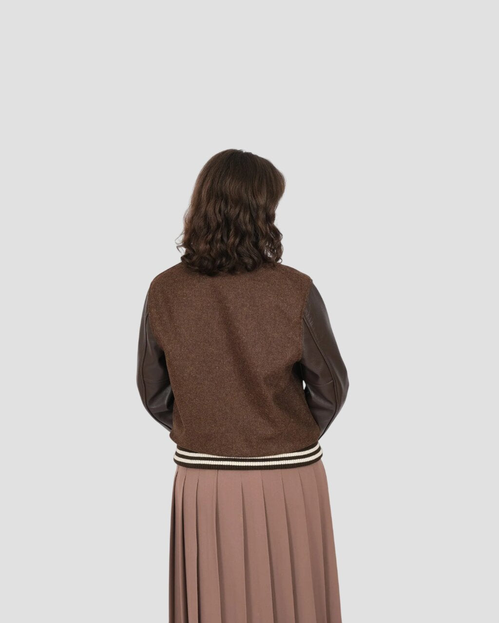 Women Classic Dark Brown Hybrid Varsity Jacket