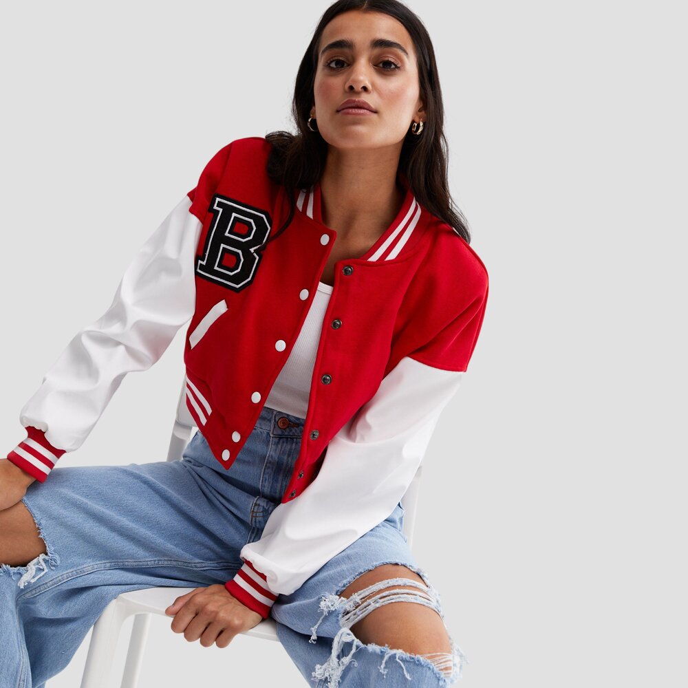 Women Classic Red and White Cropped Varsity Jacket