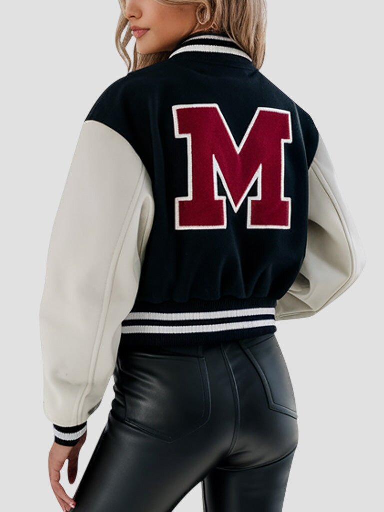 Women Cropped Black and White Varsity Jacket