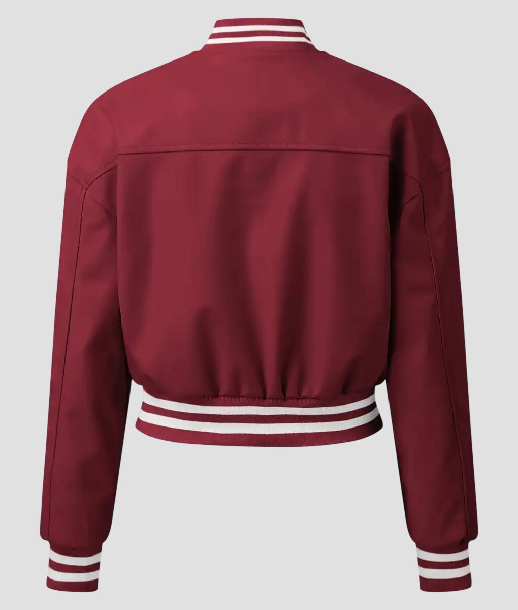 Women Cropped Burgundy Leather Varsity Jacket