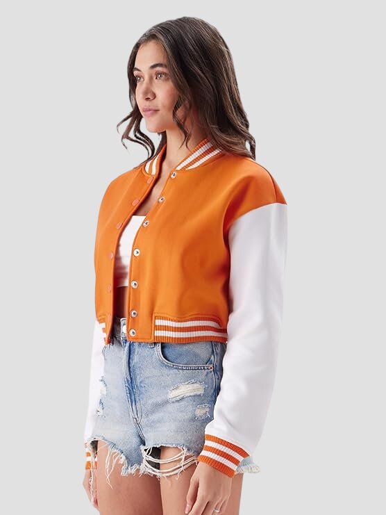 Women Cropped Orange Varsity Jacket with White Leather Sleeves