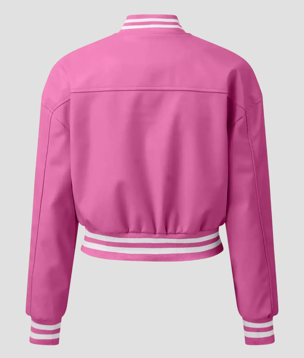 Women Cropped Pink Leather Varsity Jacket