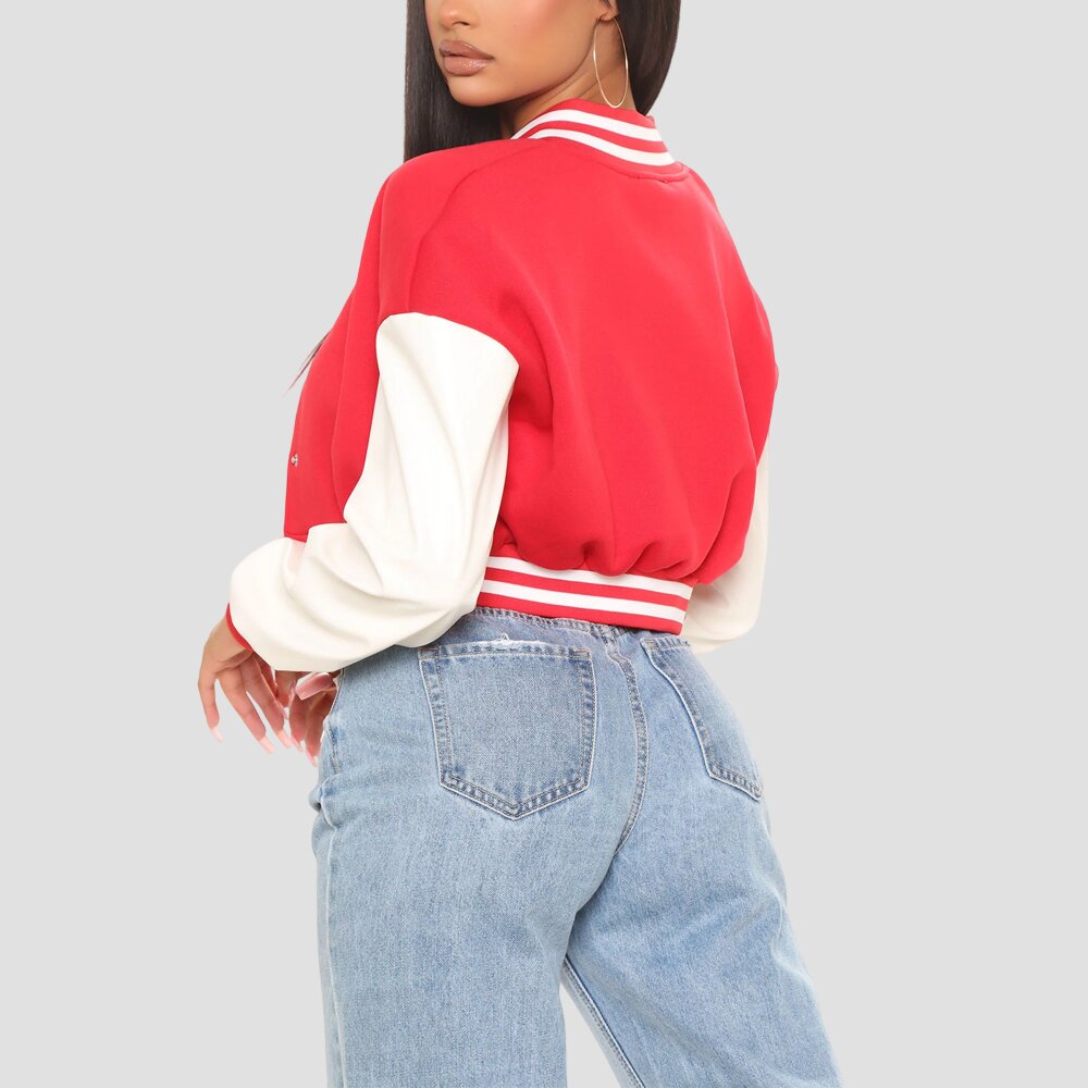 Women Cropped Pink and White Varsity Jacket
