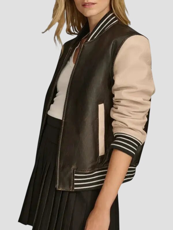 Women Dark Brown and Beige Leather Varsity Jacket