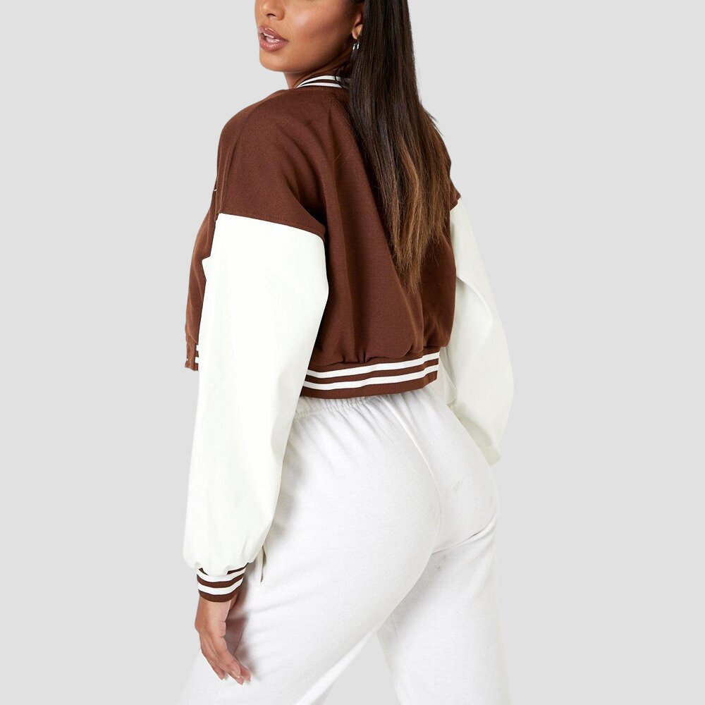 Women Dark Brown and White Cropped Varsity Jacket