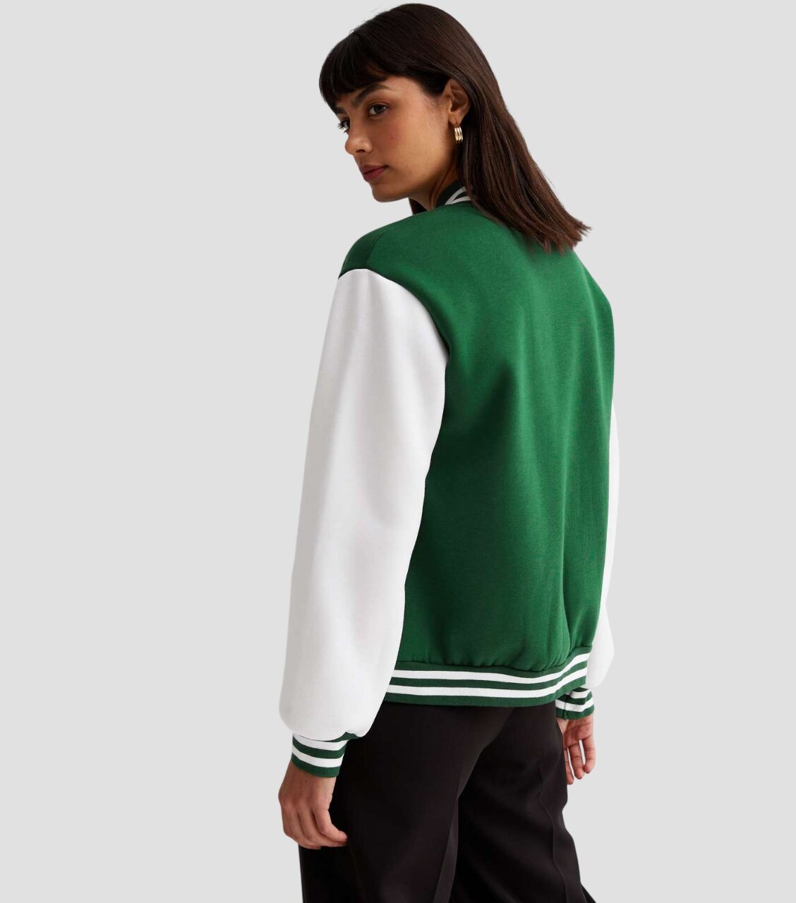 Women Dark Green and White Varsity Jacket