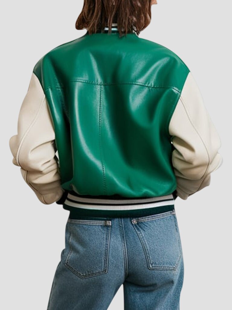 Women Green Leather Varsity Jacket with Cream Sleeves