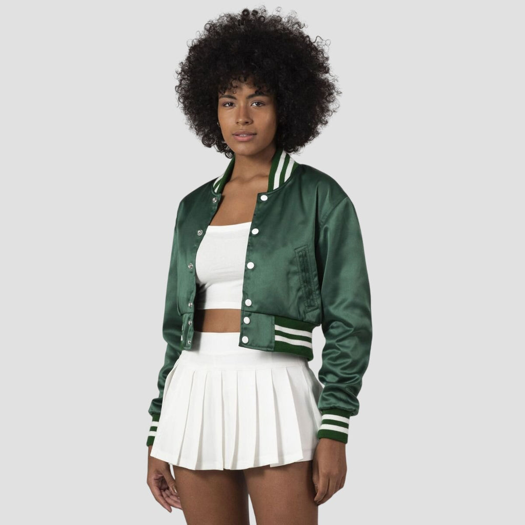 Women Green Satin Crop Top Varsity Jacket