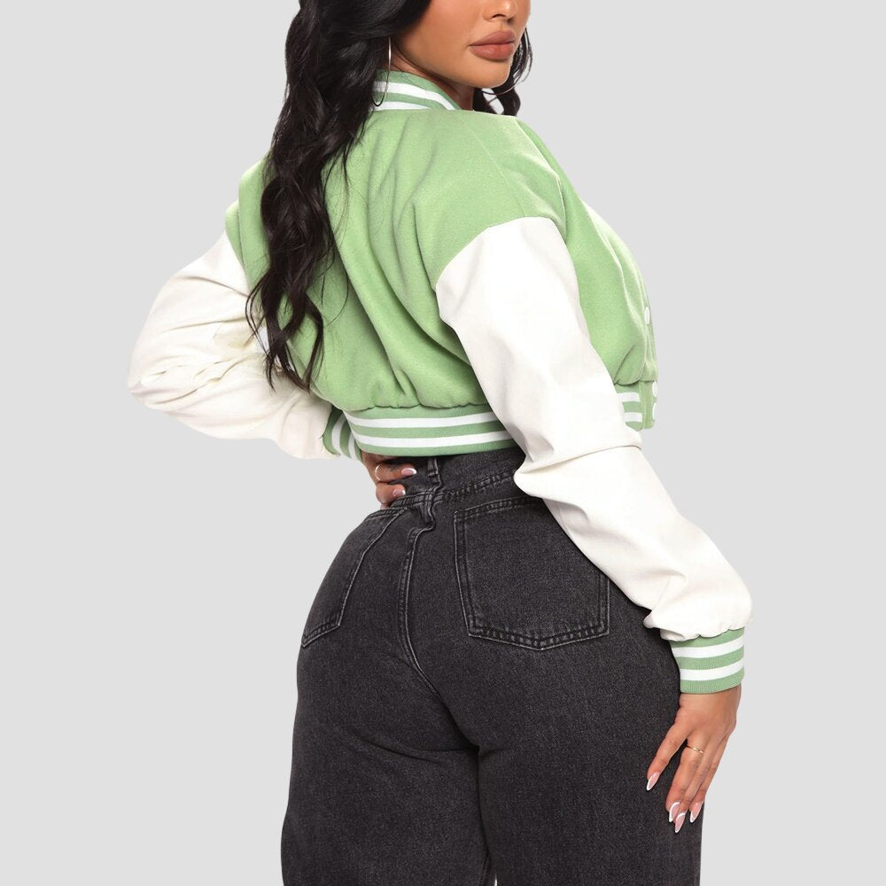 Women Light Green and White Cropped Varsity Jacket