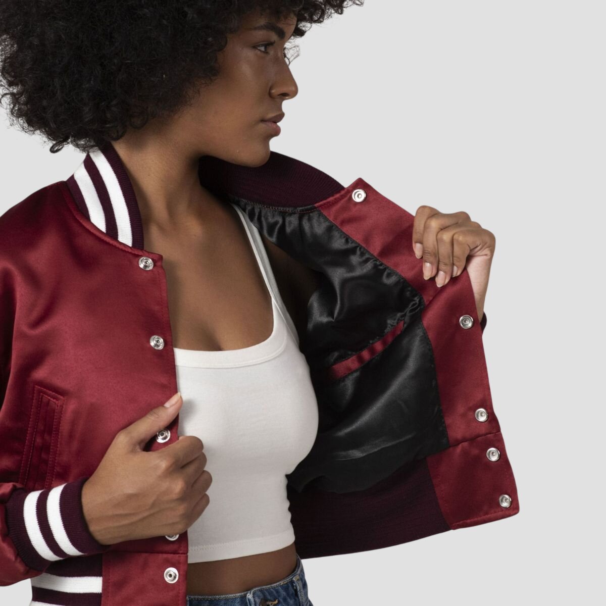 Women Maroon Satin Cropped Varsity Jacket