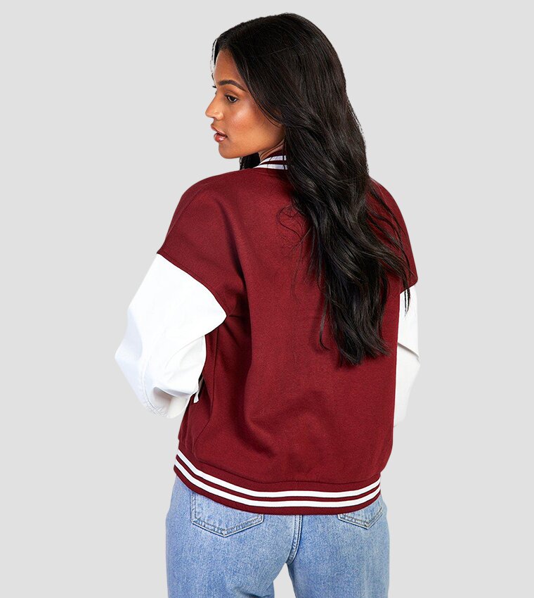 Women Maroon Varsity Jacket with White Leather Sleeves