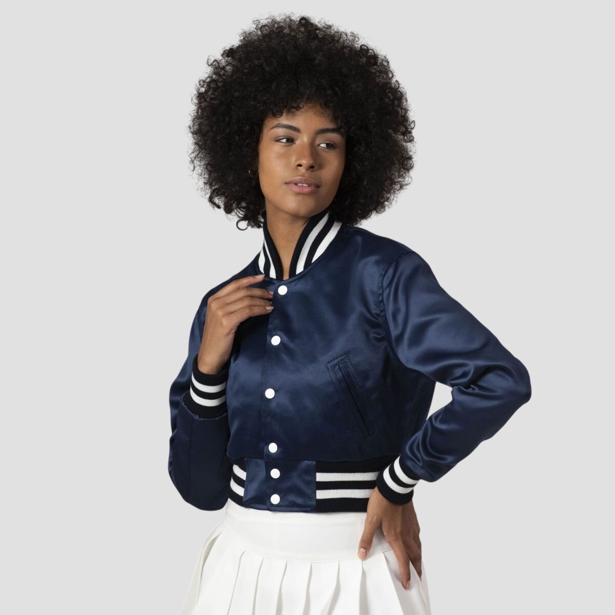 Women Navy Blue Satin Cropped Varsity Jacket