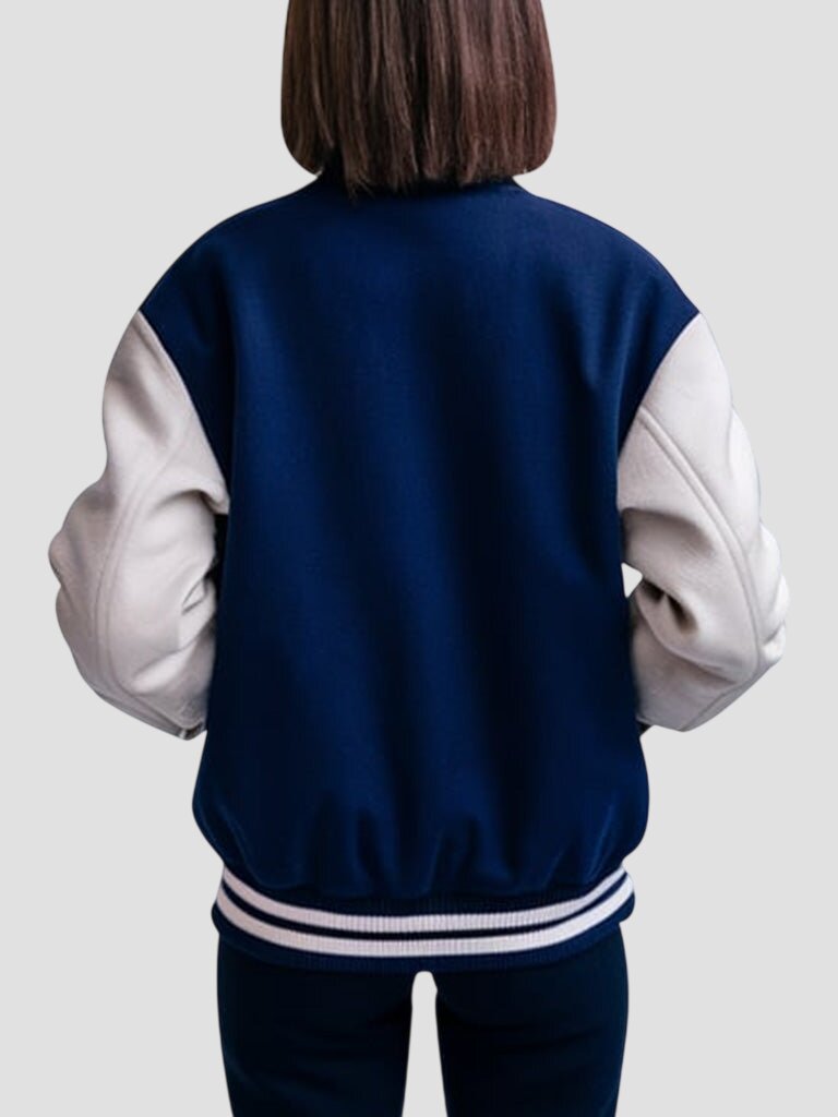 Women Navy Blue Varsity Jacket with White Sleeves