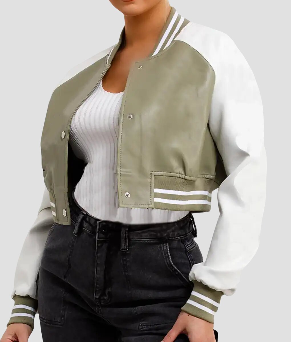 Women Olive Green and White Leather Varsity Jacket