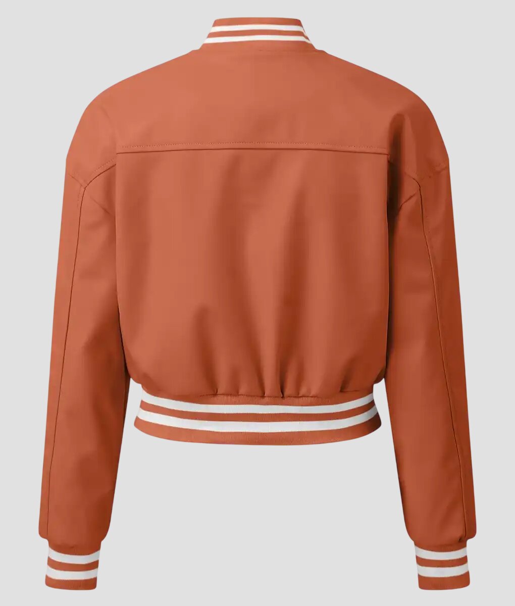 Women Orange Leather Varsity Jacket