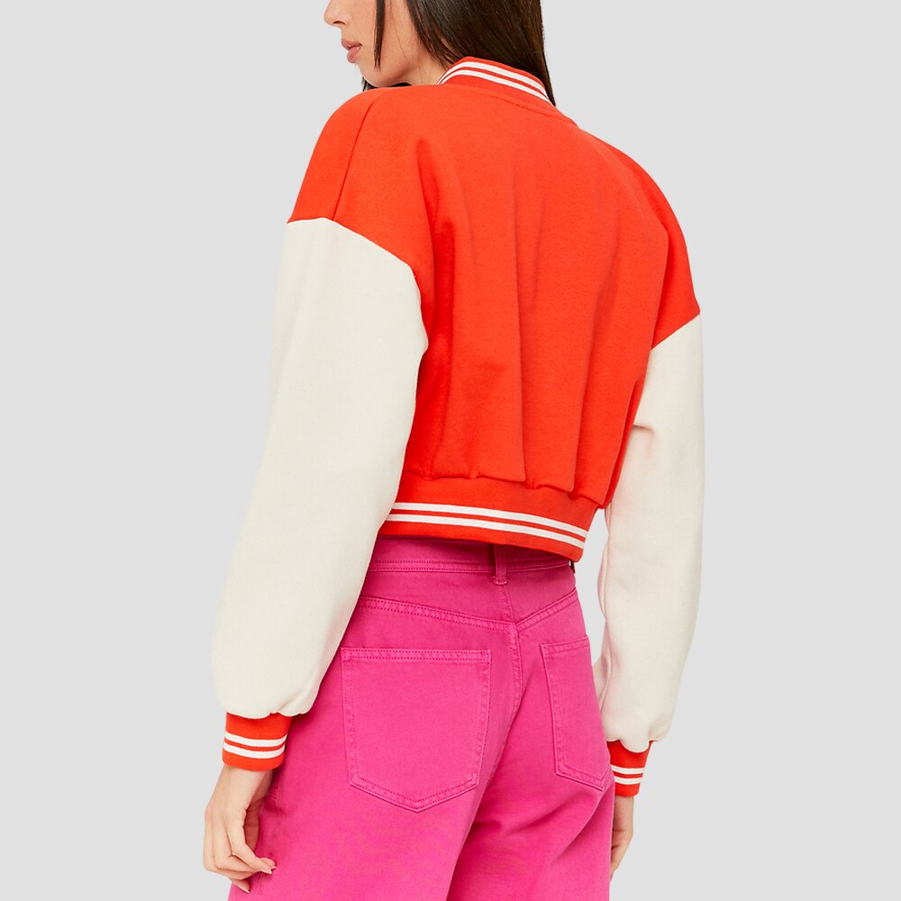 Women Orange and White Cropped Varsity Jacket