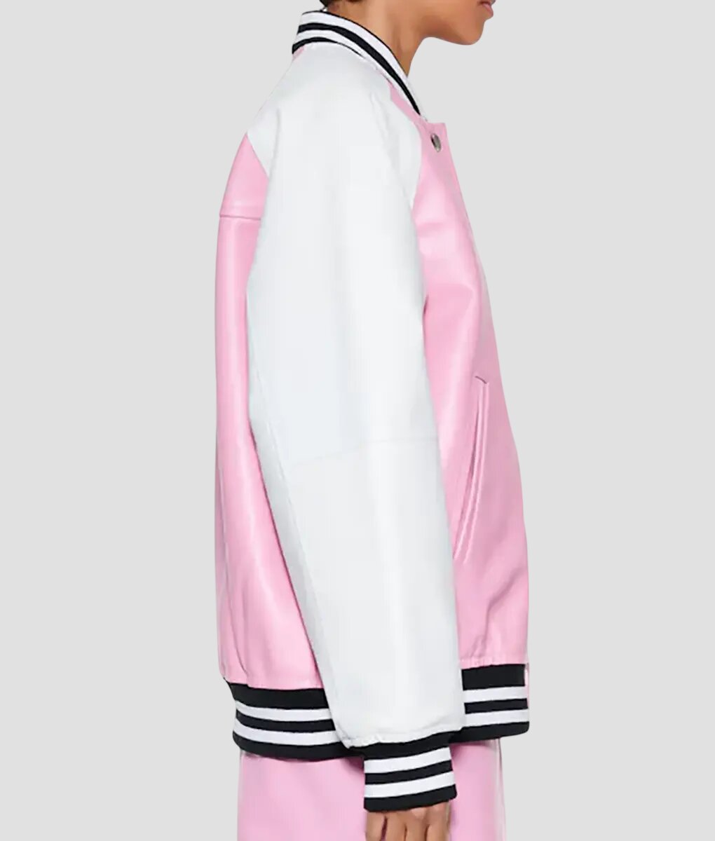 Women Oversized Pink and White Leather Varsity Jacket