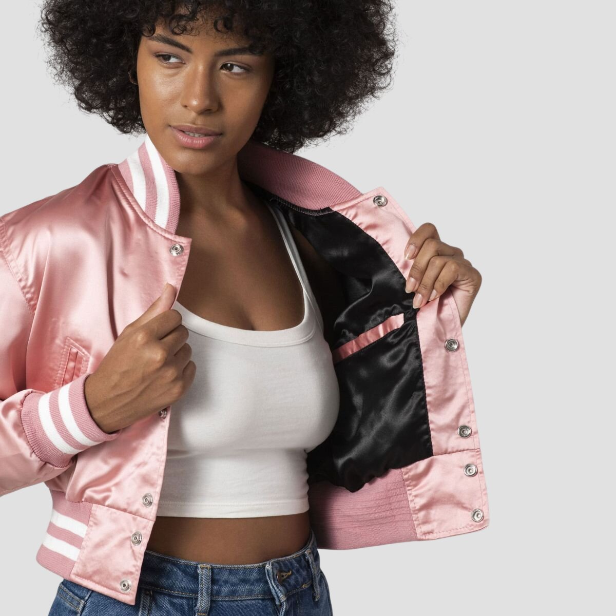 Women Pink Satin Cropped Varsity Jacket
