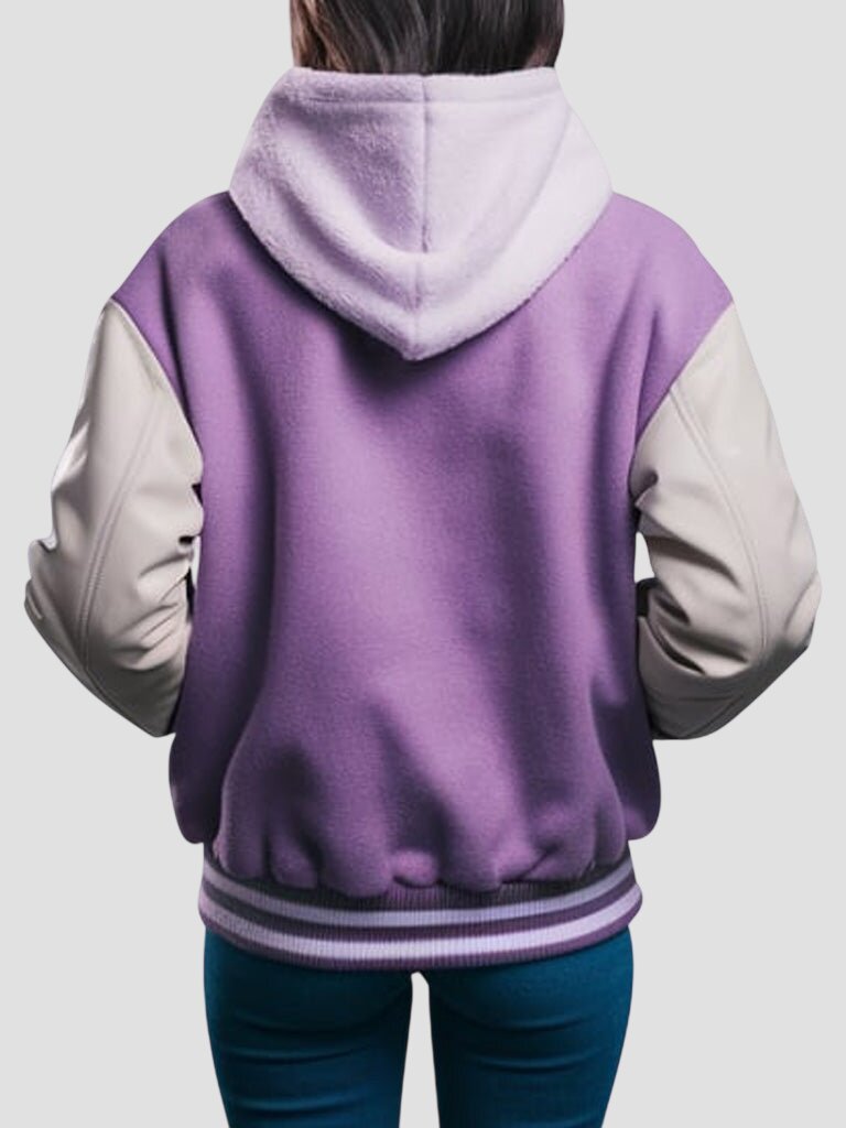 Women Purple Hooded Varsity Jacket with White Leather Sleeves