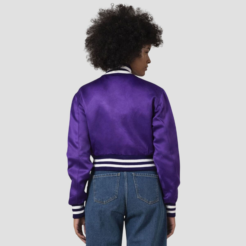 Women Purple Satin Cropped Varsity Jacket