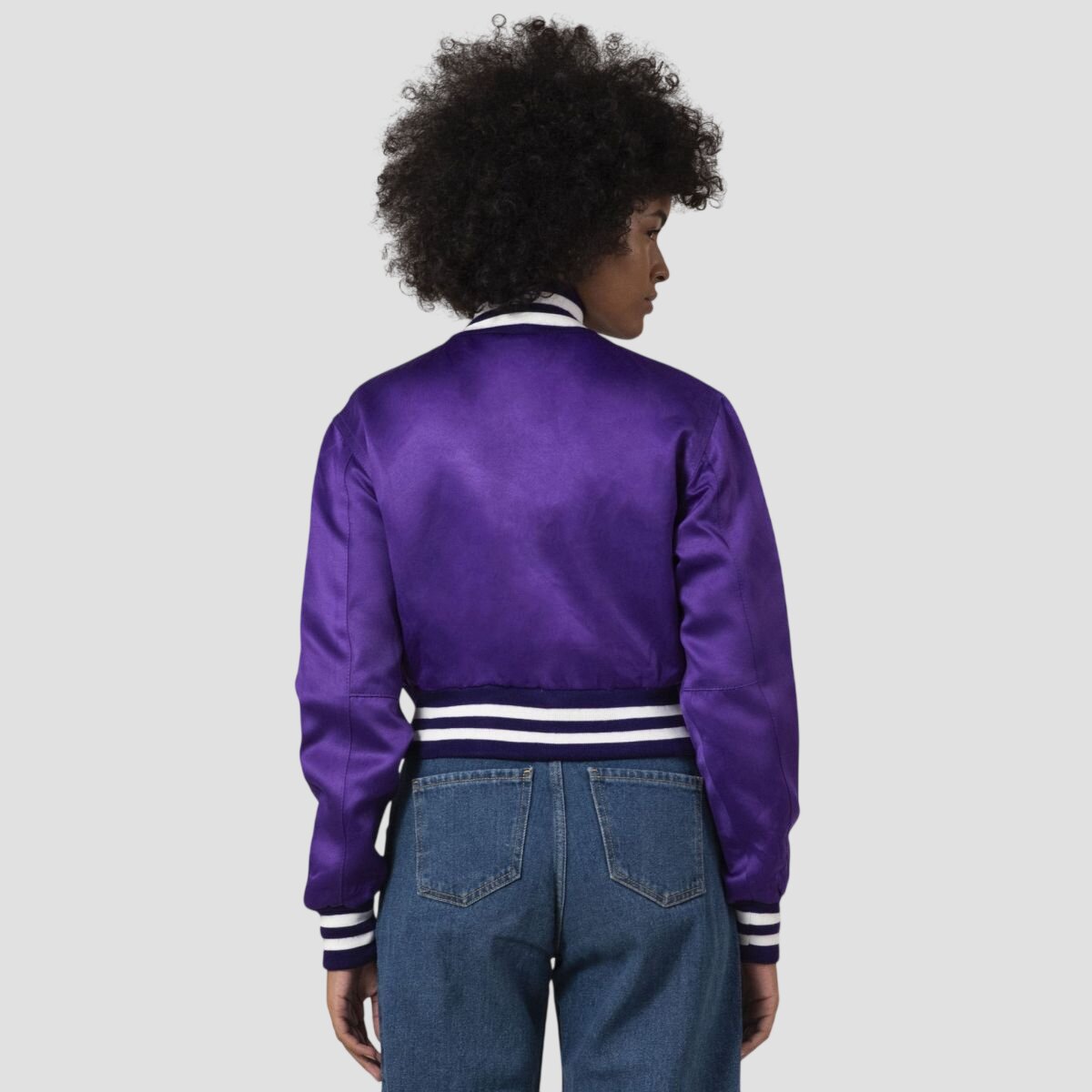 Women Purple Satin Cropped Varsity Jacket