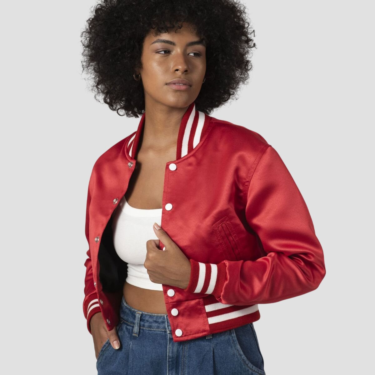 Women Red Satin Cropped Varsity Jacket