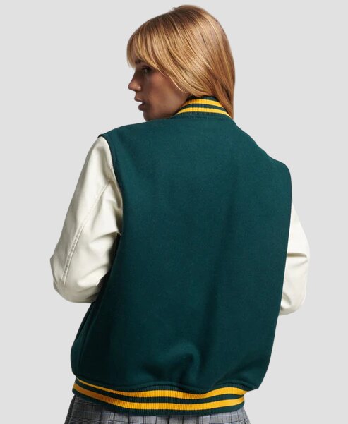 Women Sea Green and White Varsity Jacket