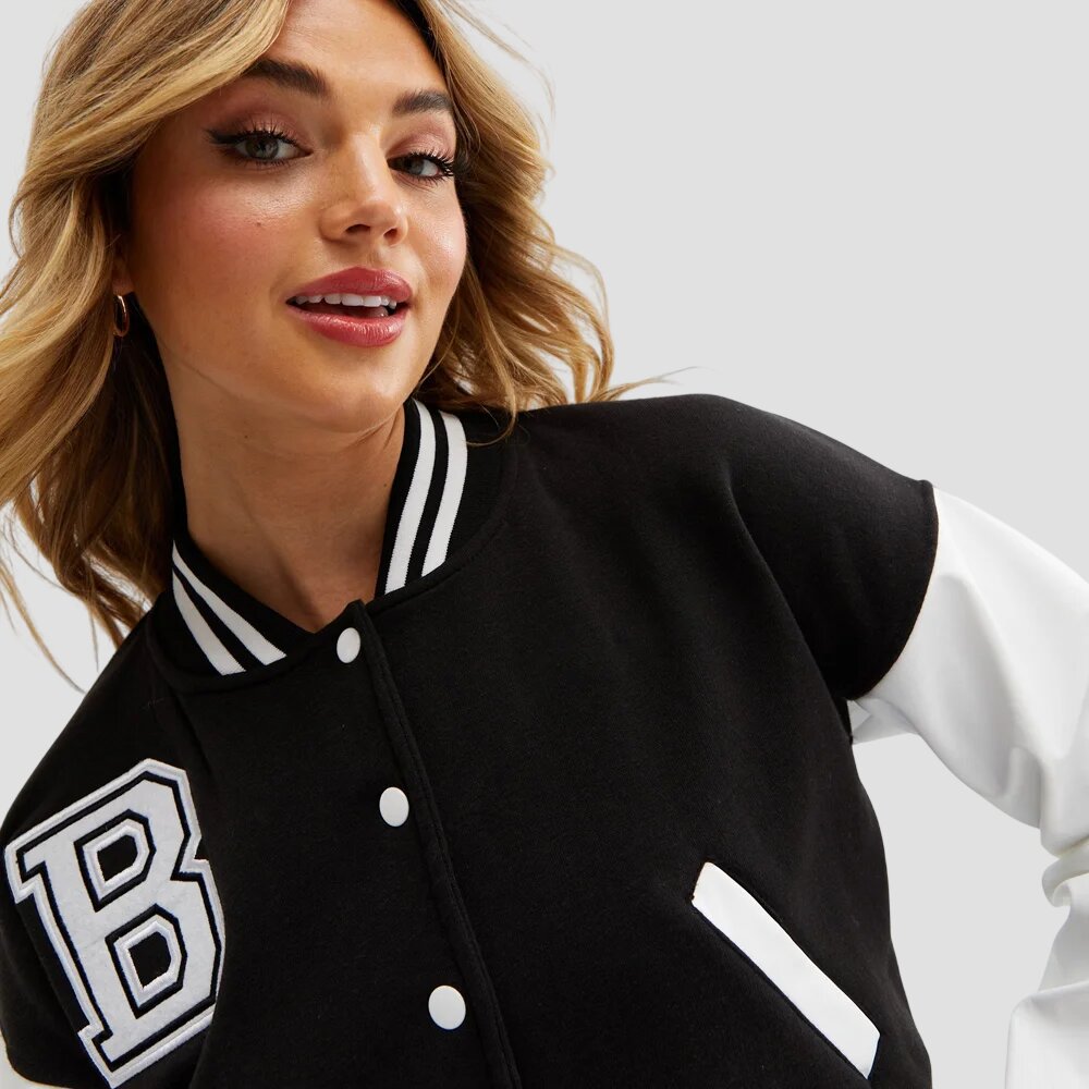 Women Timeless Black and White Cropped Varsity Jacket