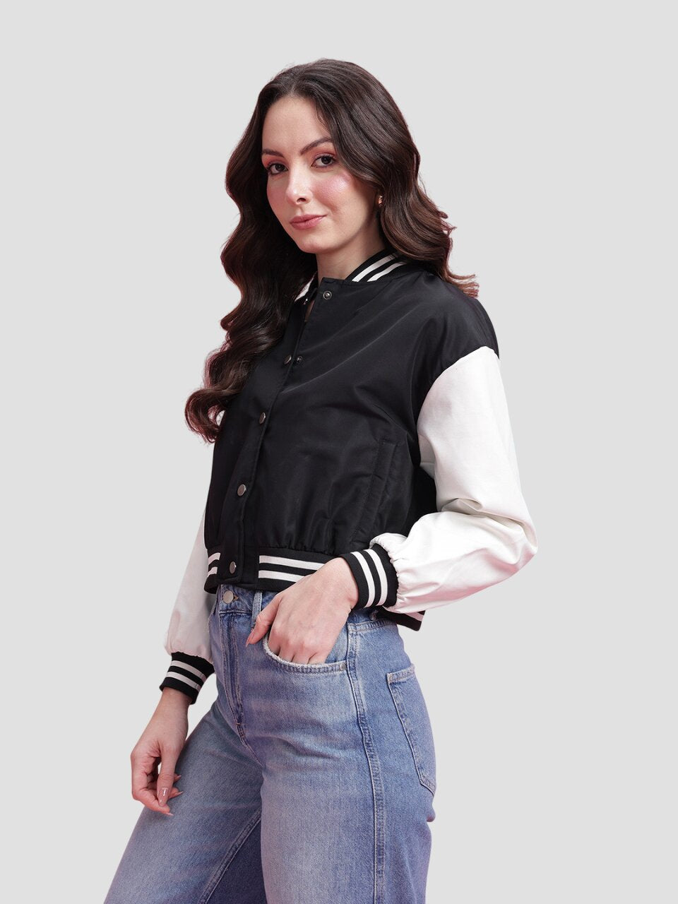 Women Trendy Black and White Cropped Varsity Jacket