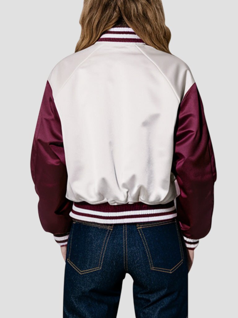 Women White and Burgundy Satin Varsity Jacket