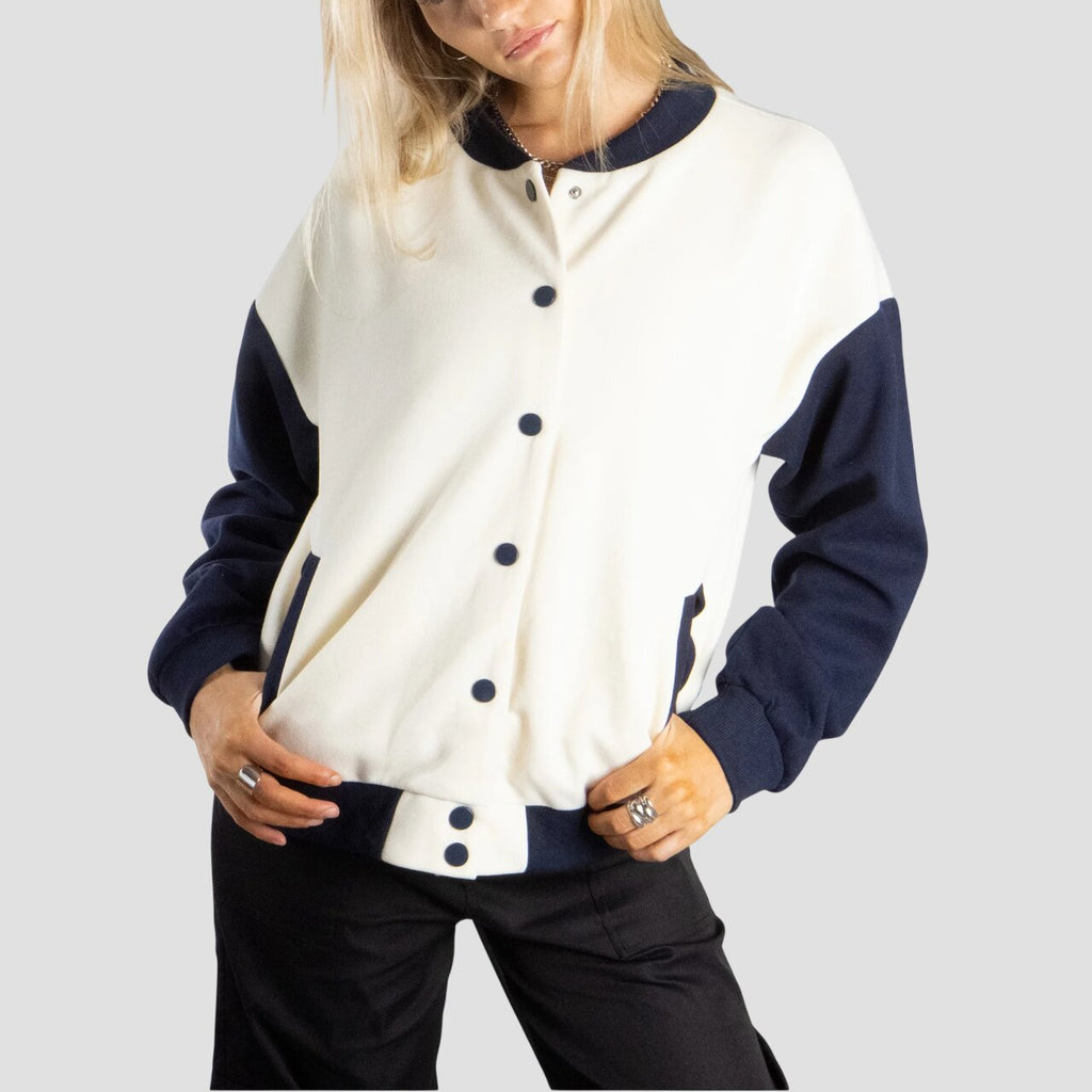 Women White and Navy Blue Varsity Jacket