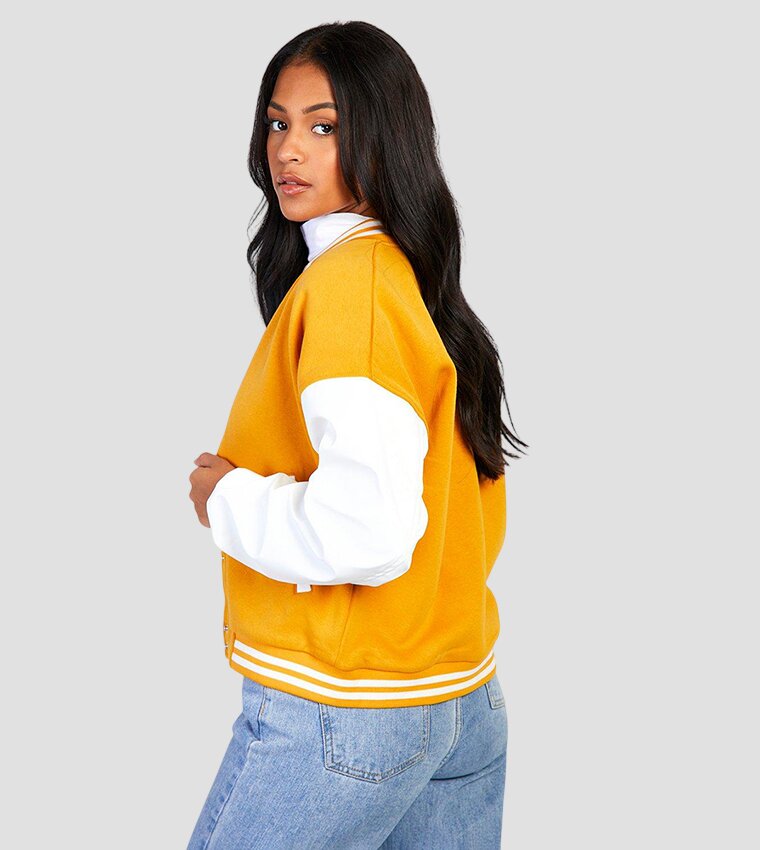 Women Yellow Varsity Jacket with White Leather Sleeves