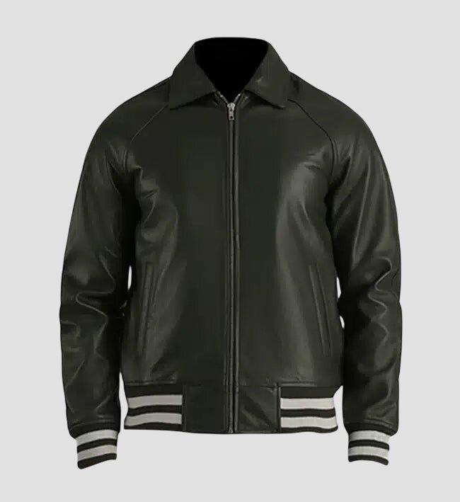 Men Army Green Premium Leather Varsity Jacket