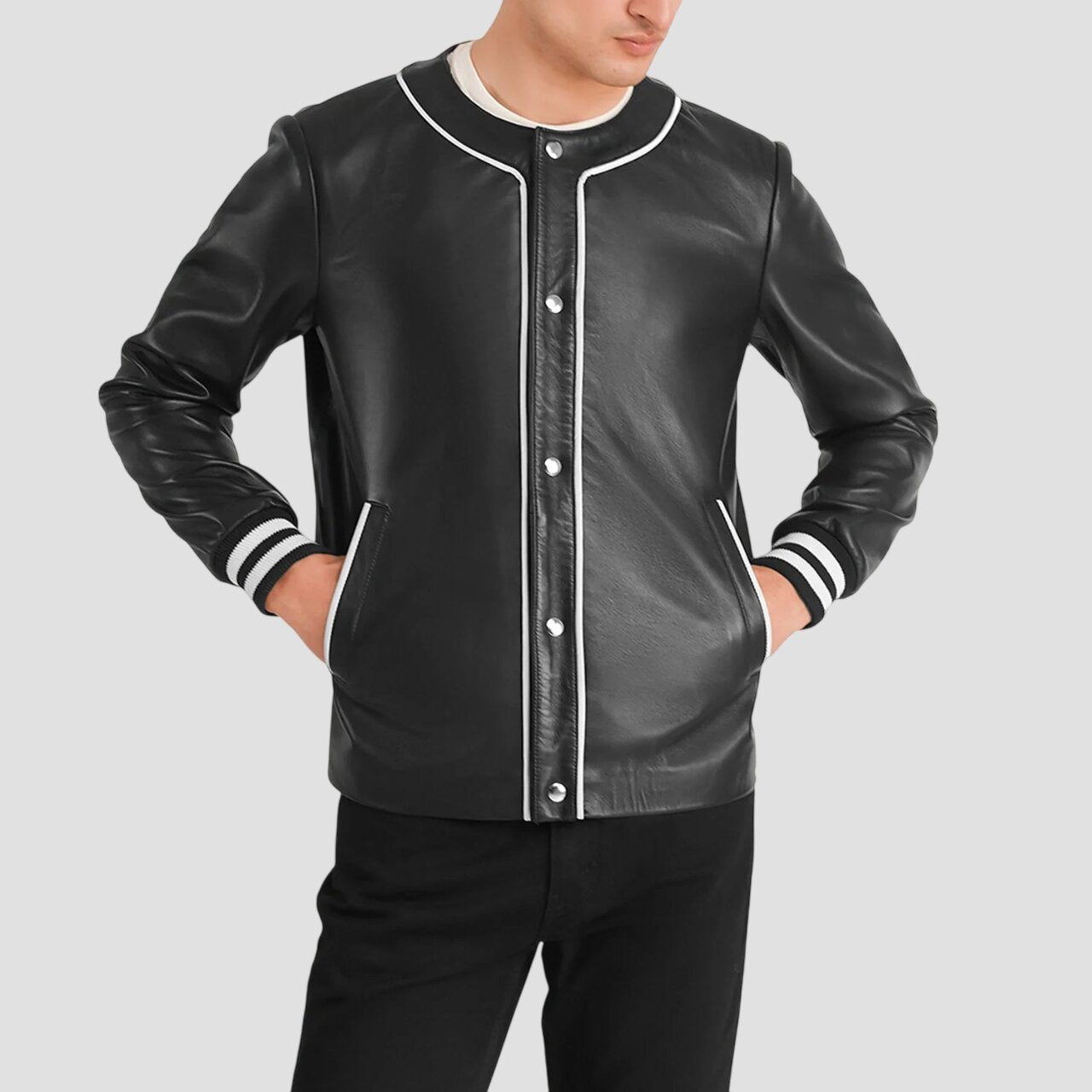 Men Black Genuine Leather Varsity Jacket with White Piping