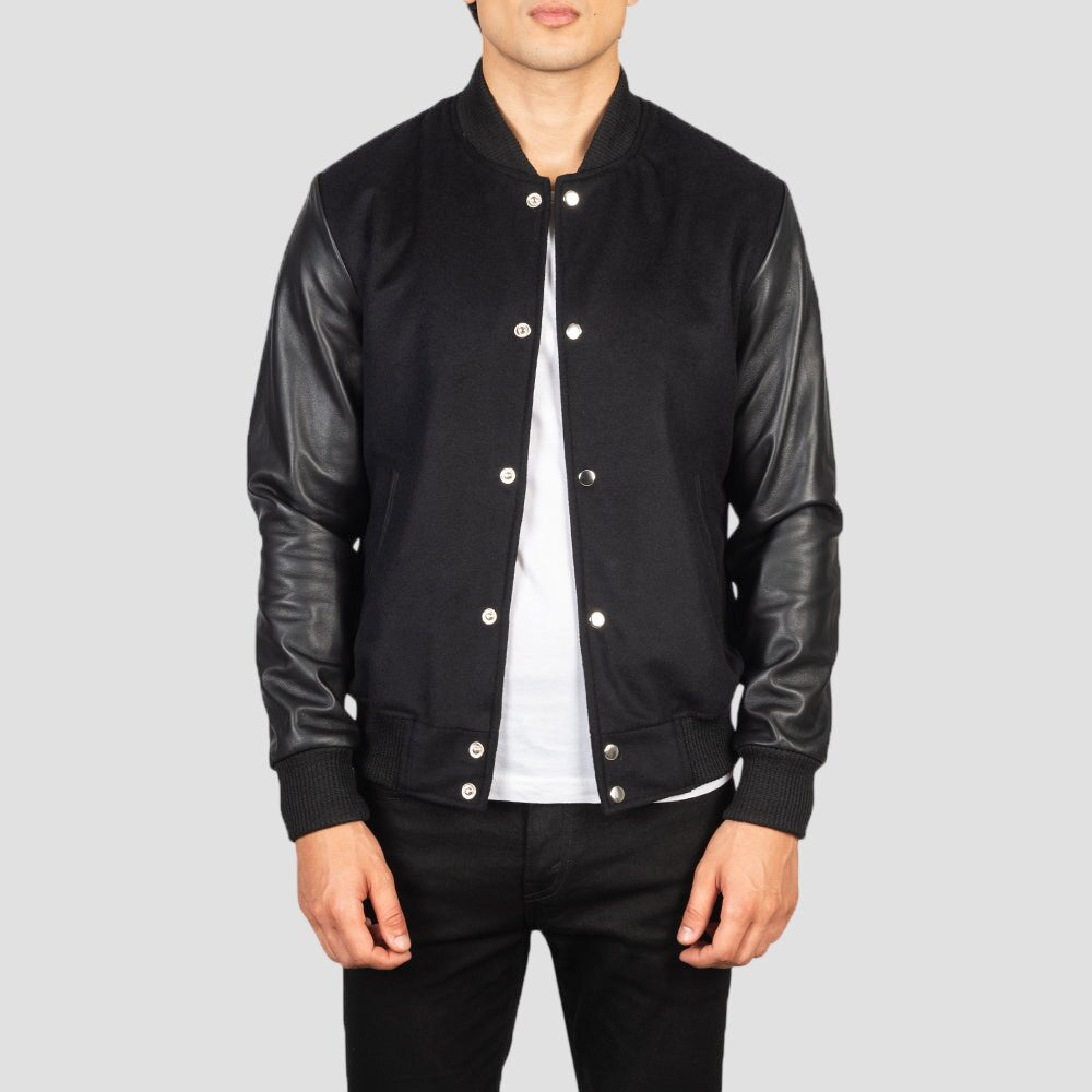 Men Black Premium Hybrid Wool and Leather Varsity Jacket
