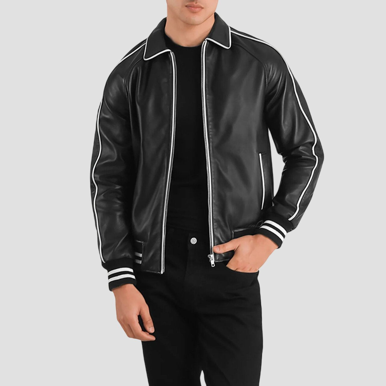 Men Black Real Leather Varsity Jacket
