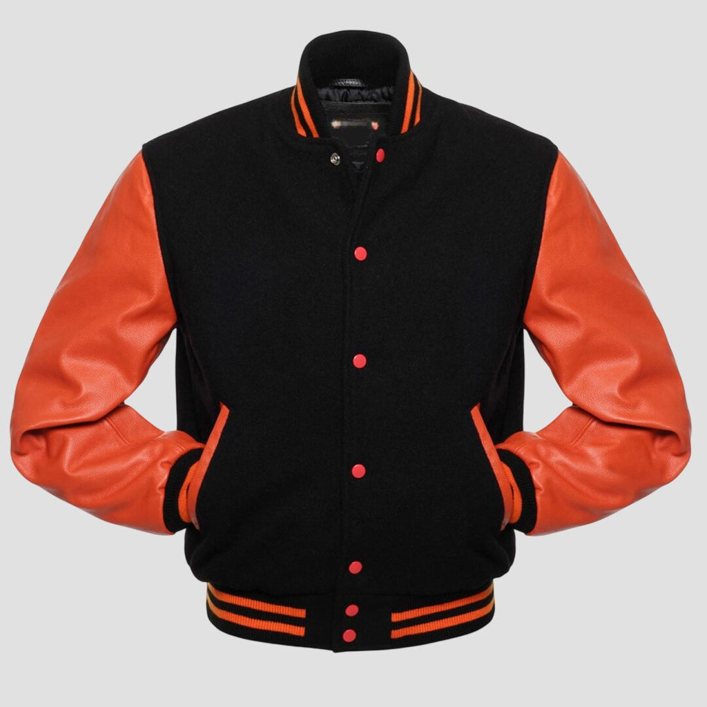 Men Black Wool and Orange Leather Varsity Jacket