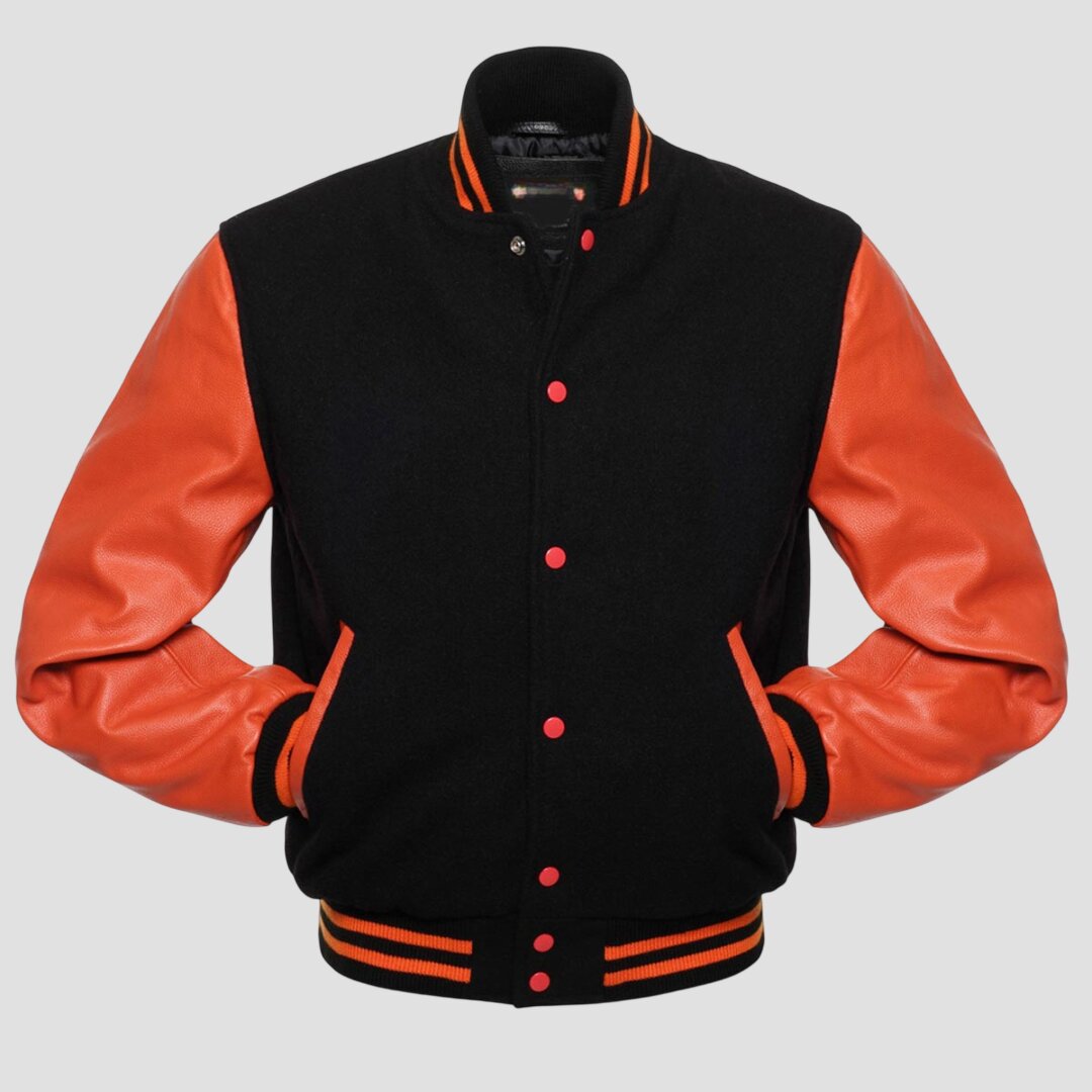 Men Black Wool and Orange Leather Varsity Jacket