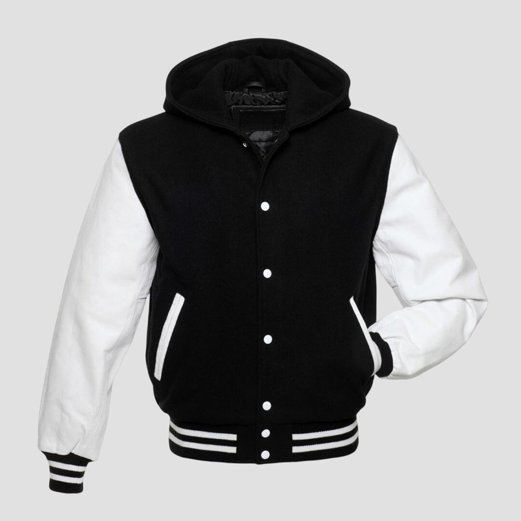 Men Black Wool and White Leather Hooded Varsity Jacket