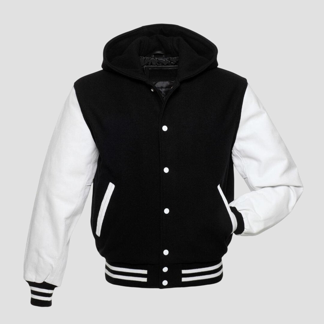Men Black Wool and White Leather Hooded Varsity Jacket