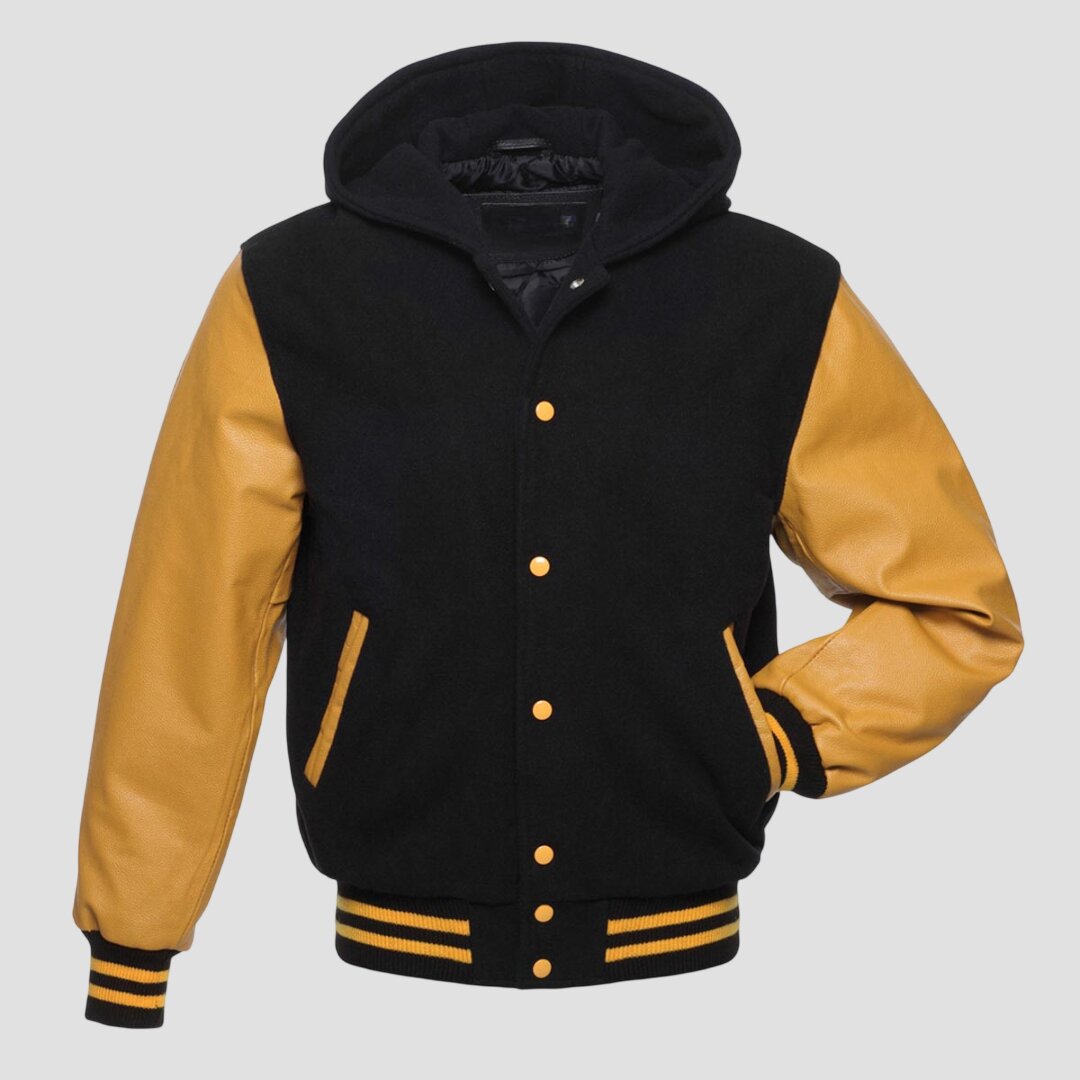 Men Black Wool and Yellow Leather Hooded Varsity Jacket
