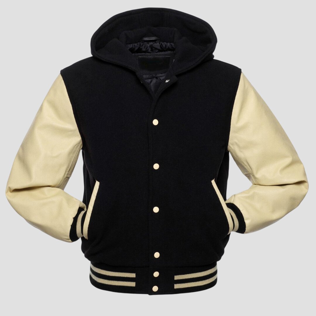 Men Black and Beige Hooded Baseball Varsity Jacket
