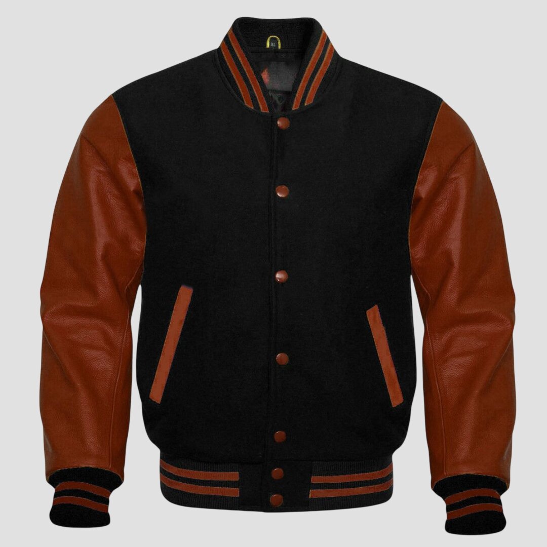 Men Black and Brown Wool Varsity Jacket with Genuine Leather Sleeves