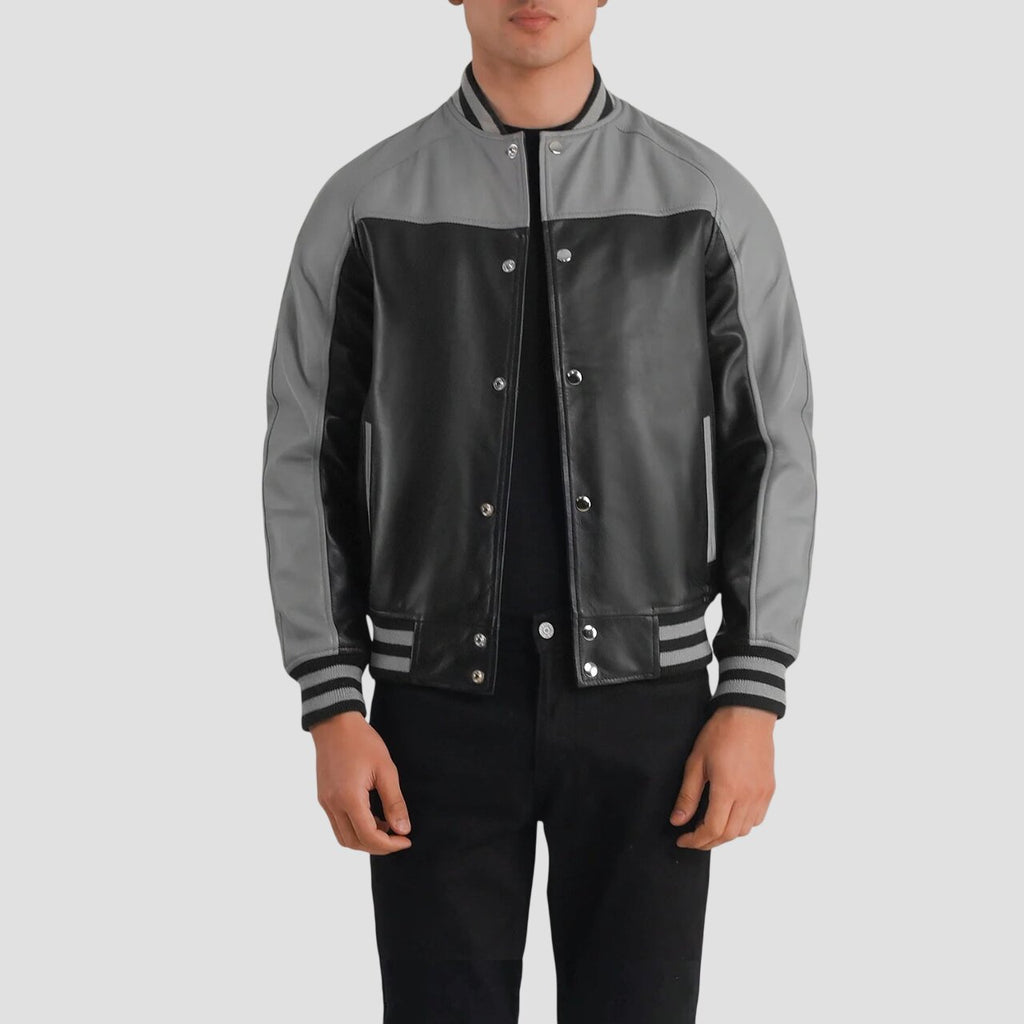 Men Black and Grey Genuine Leather Varsity Jacket