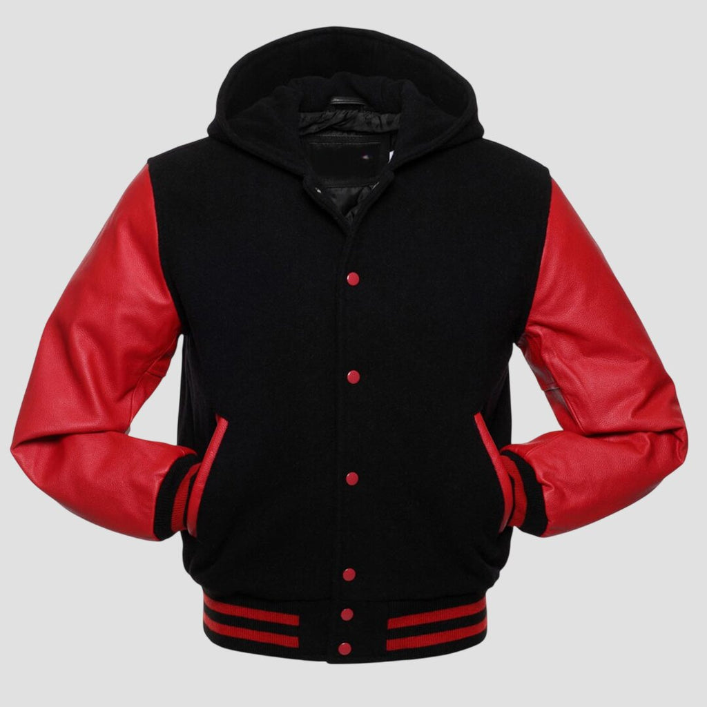 Men Black and Red Hooded Varsity Jacket