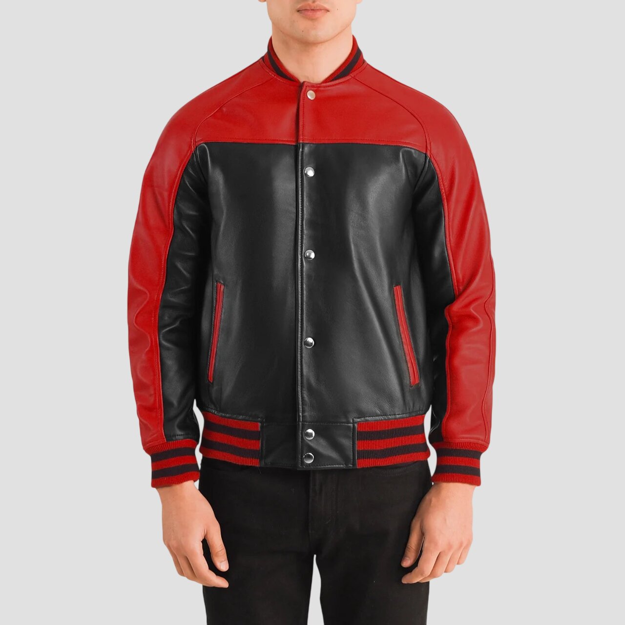 Men Black and Red Leather Varsity Jacket