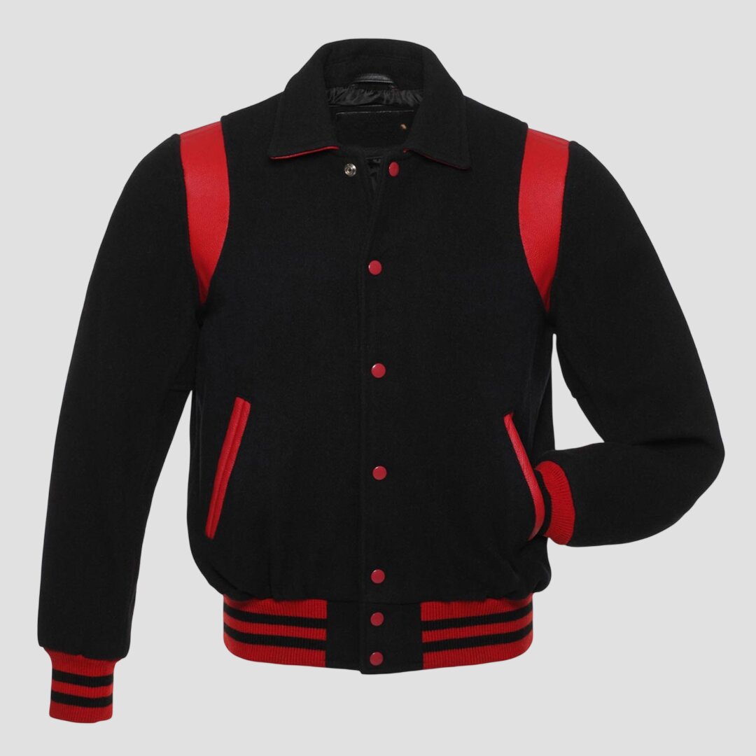 Men Black and Red Wool Baseball Varsity Jacket with Leather Trim