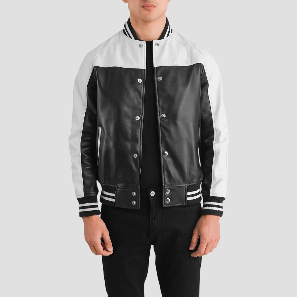 Men Black and White Genuine Leather Varsity Jacket